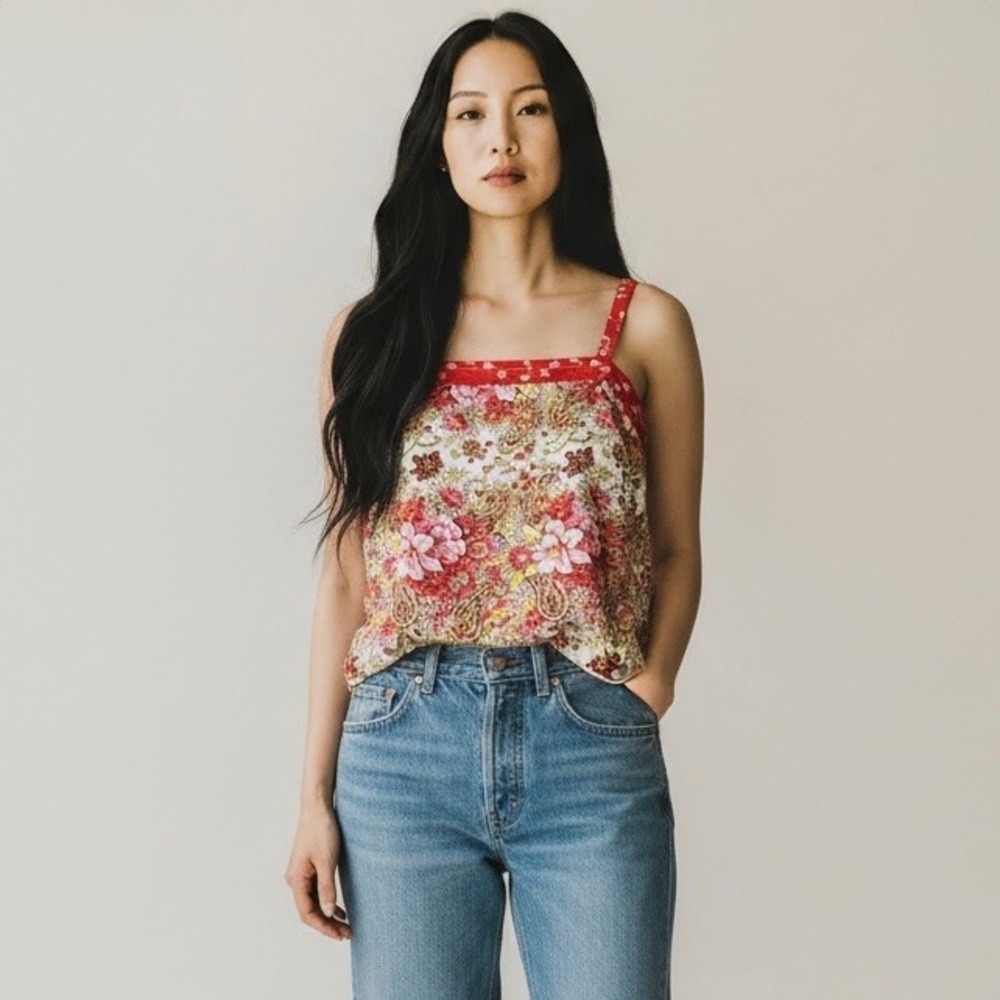 VTG Y2K Old Navy Red Floral Paisley Camisole‎ Silk Top Sz L Oriental Artsy